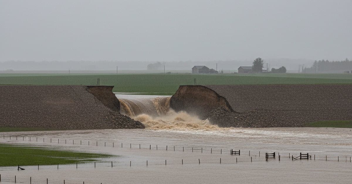 Presa de tierra dañada por el desborde de un embalse tras lluvias extremas, con agua turbia escurriendo por la brecha