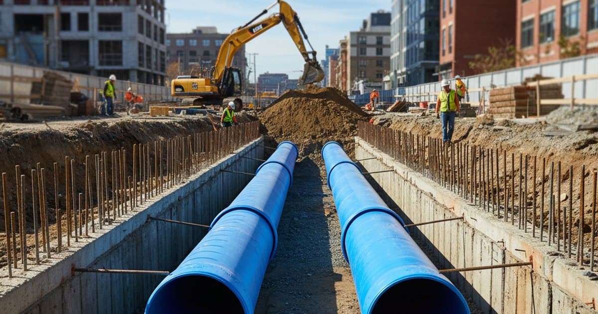 Red de agua potable en construcción con tuberías de PVC de gran diámetro alineadas en una zanja urbana