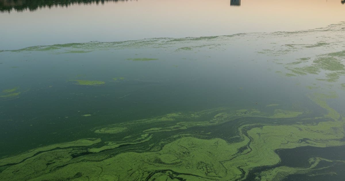 Lago con agua verdosa y estratificada al atardecer, señal de eutrofización y bajo oxígeno disuelto