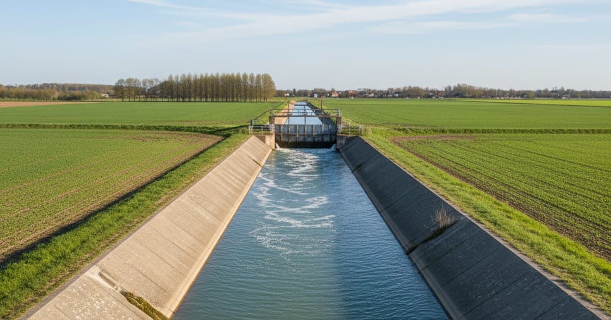 Canal de riego trapecial de hormigón en zona agrícola, con agua corriendo y compuerta de derivación al fondo