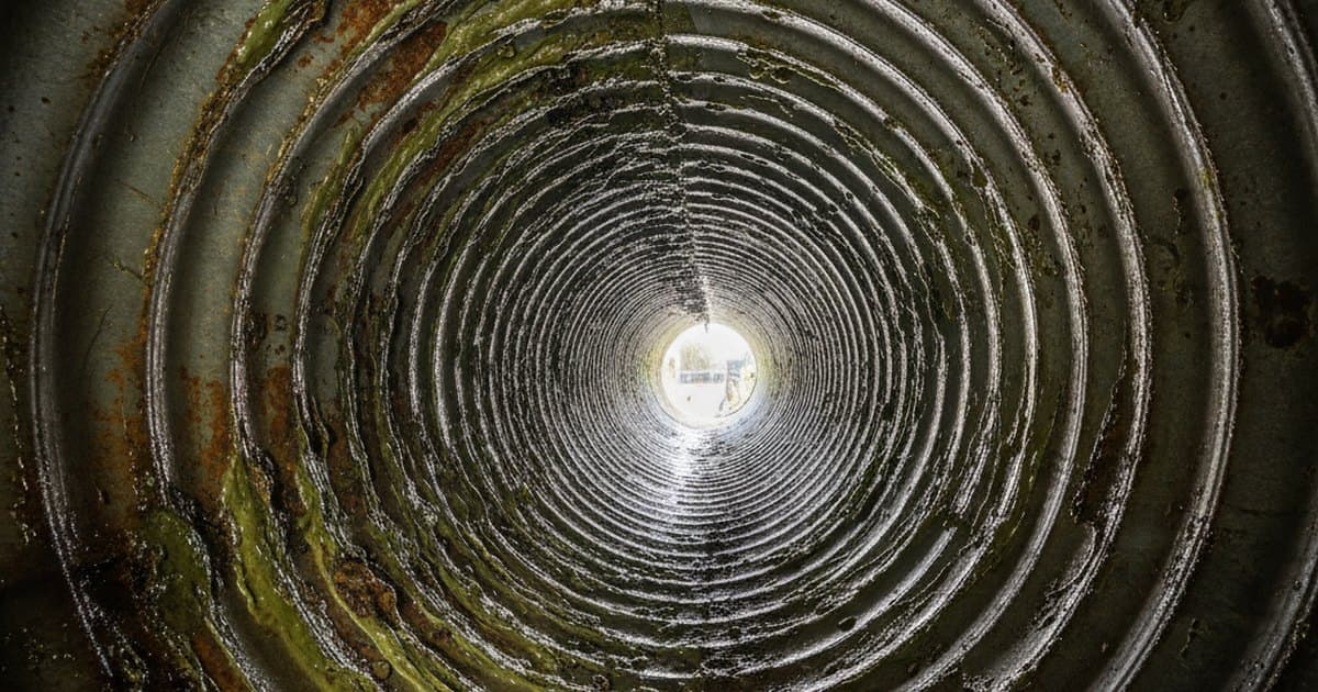 Interior de una tubería de agua potable con biopelícula adherida a la pared, imagen de inspección con luz artificial