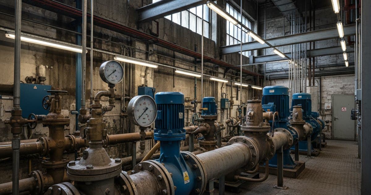 Manómetro y caudalímetro instalados en una tubería de acero de una sala de bombas