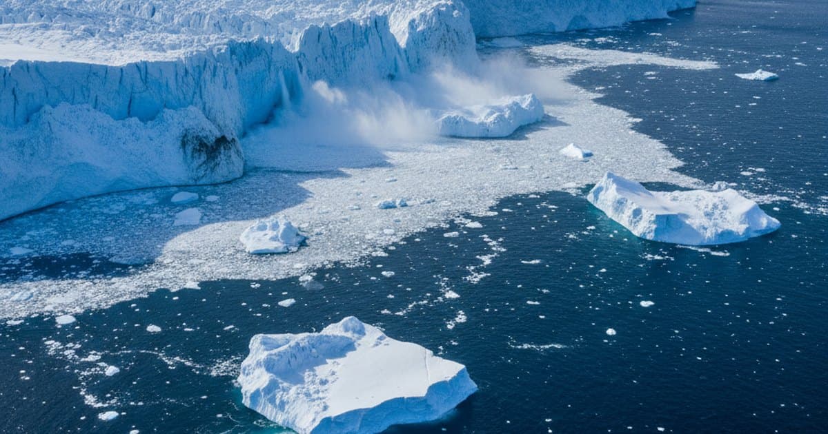 Frente de glaciar antártico desprendiéndose al mar con témpanos flotando alrededor