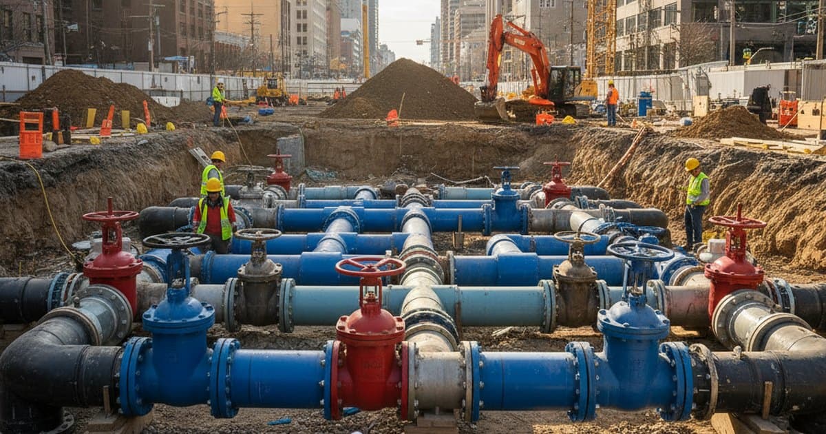 Esquema de red de tuberías de agua potable con nudos y válvulas en una zona urbana en obras
