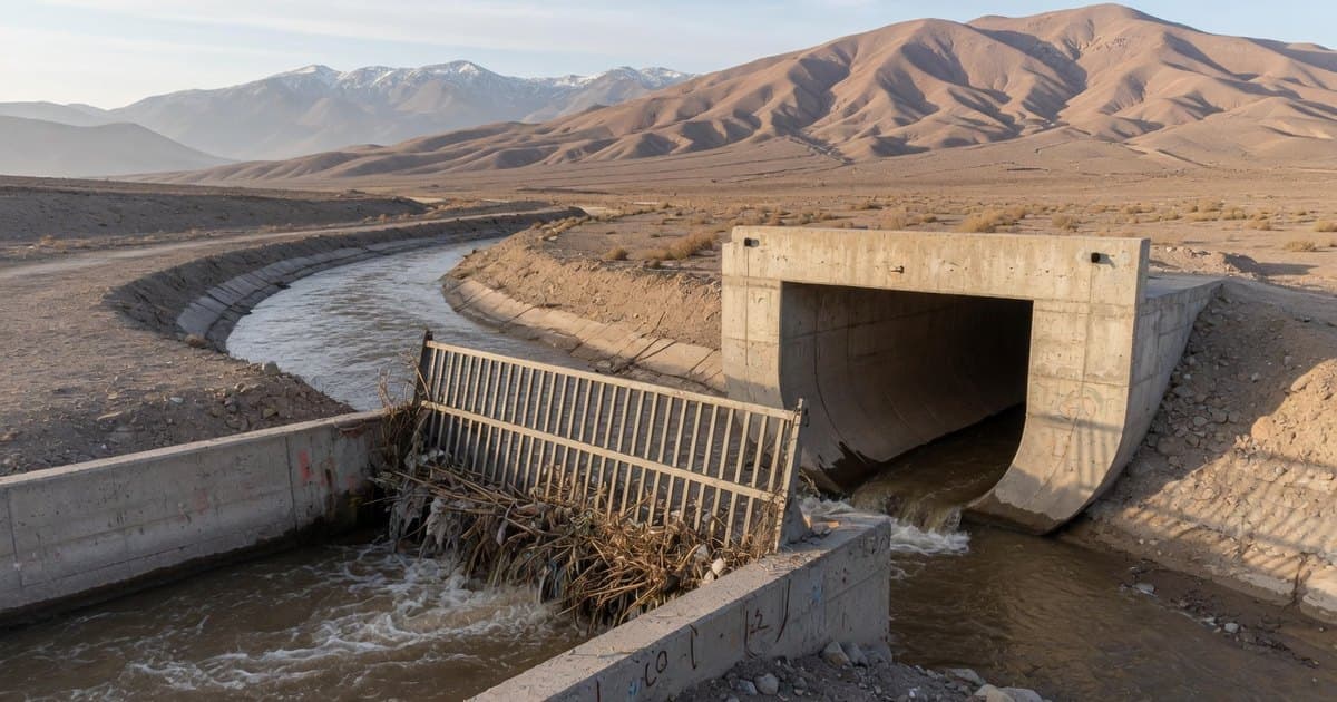 Estructura de entrada de hormigón de un sifón invertido en un canal de riego de un valle seco, con el agua entrando al conducto
