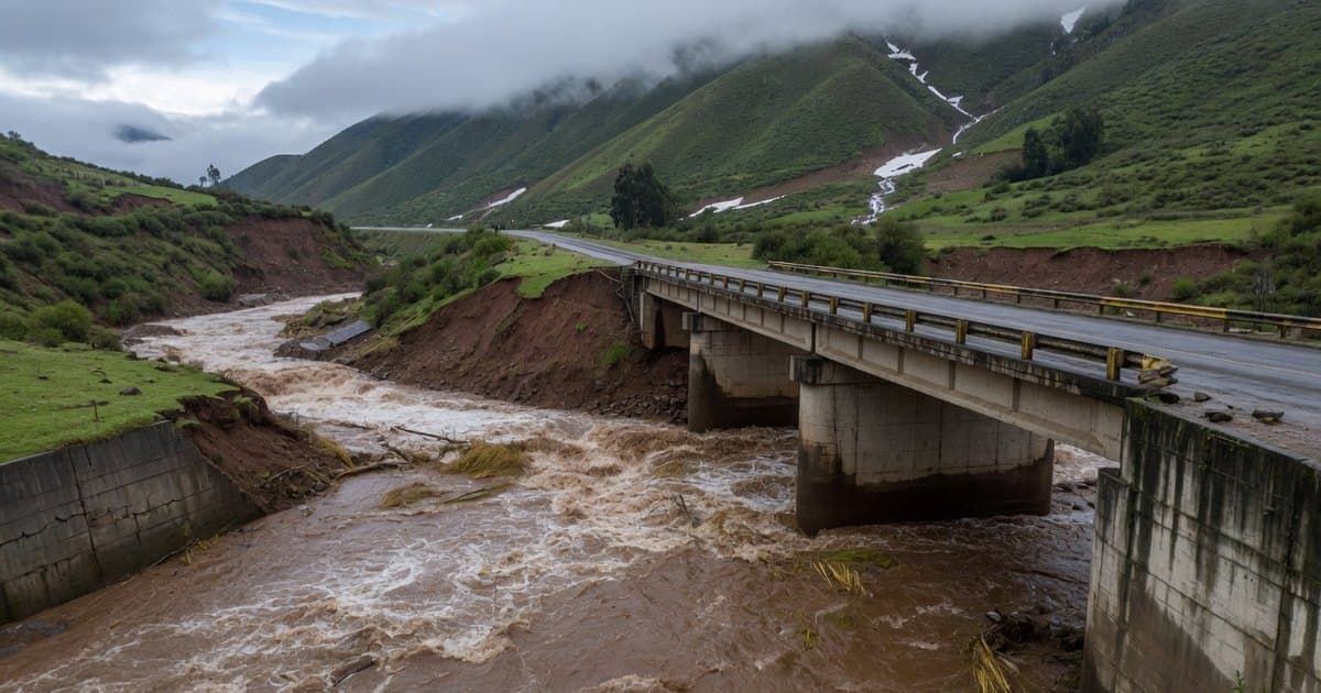 Río cordillerano crecido y turbio pasando bajo un puente de hormigón en primavera, con nubes bajas sobre cerros verdes