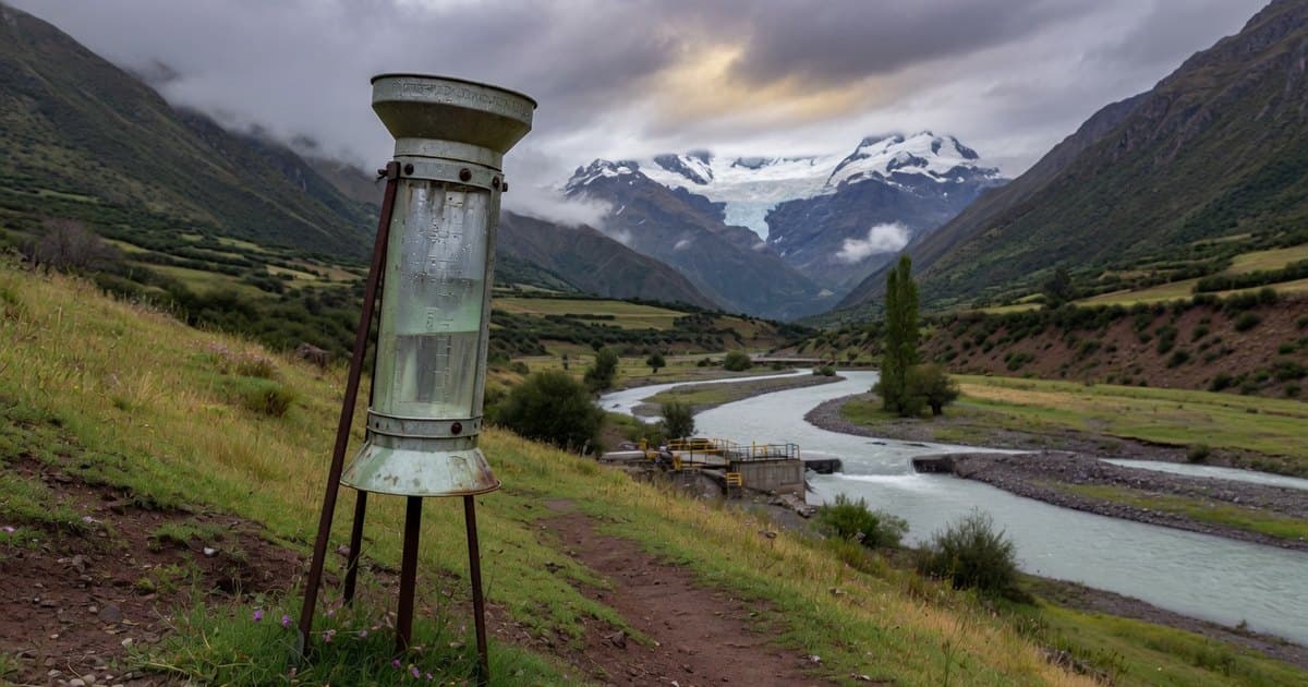 Pluviómetro metálico instalado en una ladera de una cuenca andina, con el valle y cerros nevados al fondo