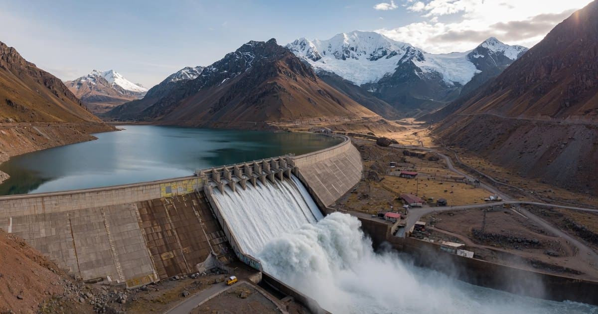 Vertedero de hormigón descargando agua blanca desde un embalse lleno en un valle semiárido, con cumbres nevadas al fondo