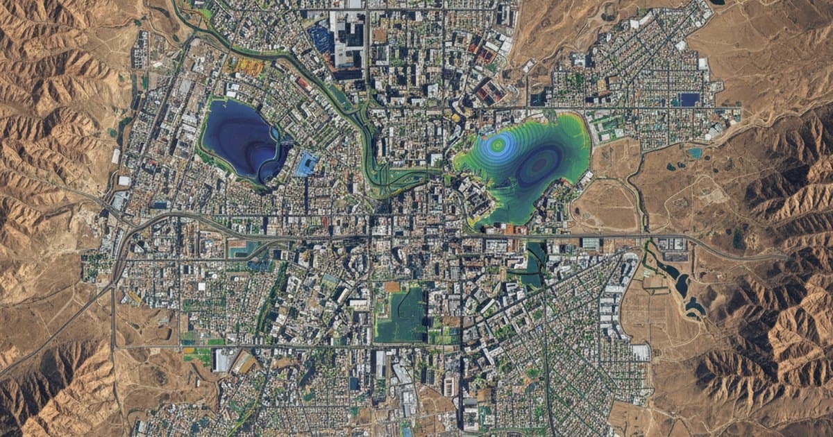 Vista satelital de una gran ciudad con un mapa de deformación del terreno superpuesto en tonos de color