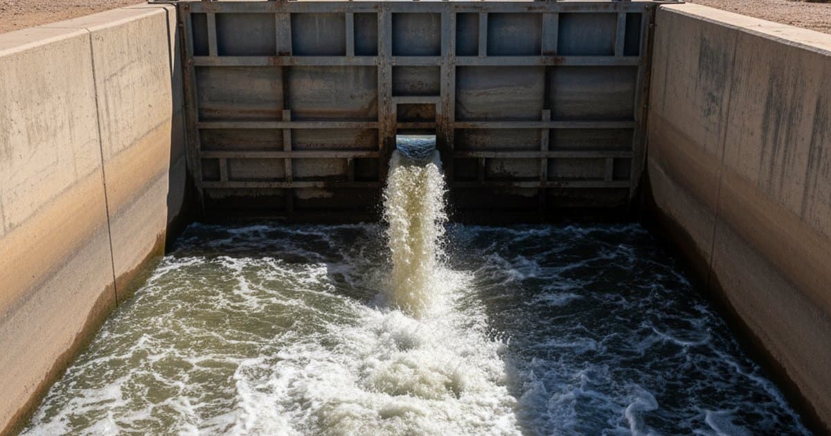 Compuerta plana metálica parcialmente abierta en un canal de riego, con el chorro saliendo por debajo y contrayéndose
