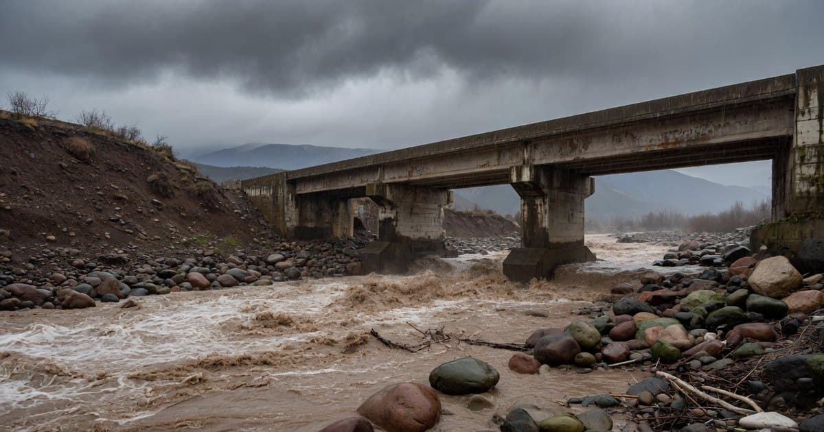 Río cordillerano crecido con aguas turbias bajo un puente de hormigón en el centro de Chile