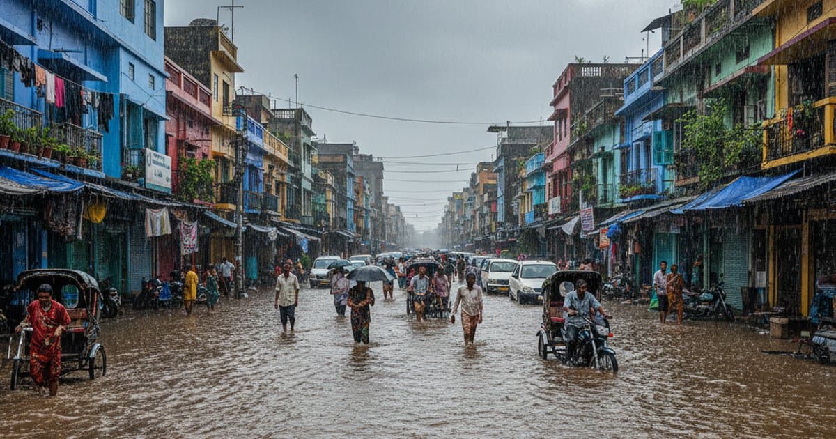 Calle inundada en una ciudad del sur de Asia con agua turbia cubriendo las aceras y personas vadeando