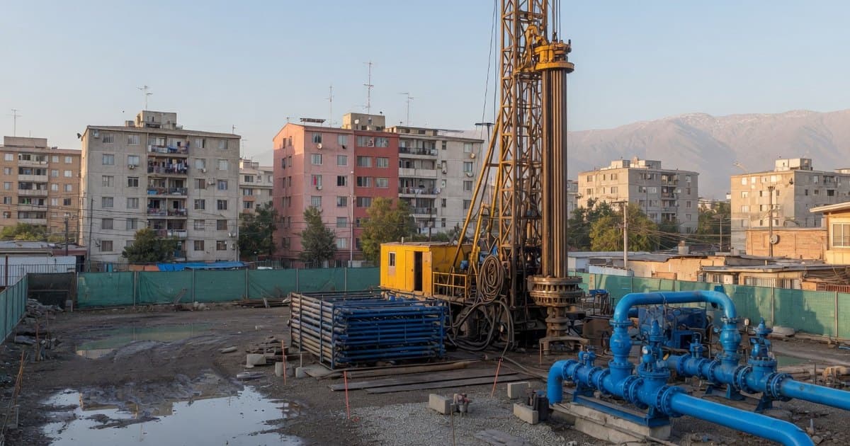 Equipo de perforación de pozo profundo y cañerías de acero azules en un terreno urbano del poniente de Santiago, con edificios y cordillera al fondo