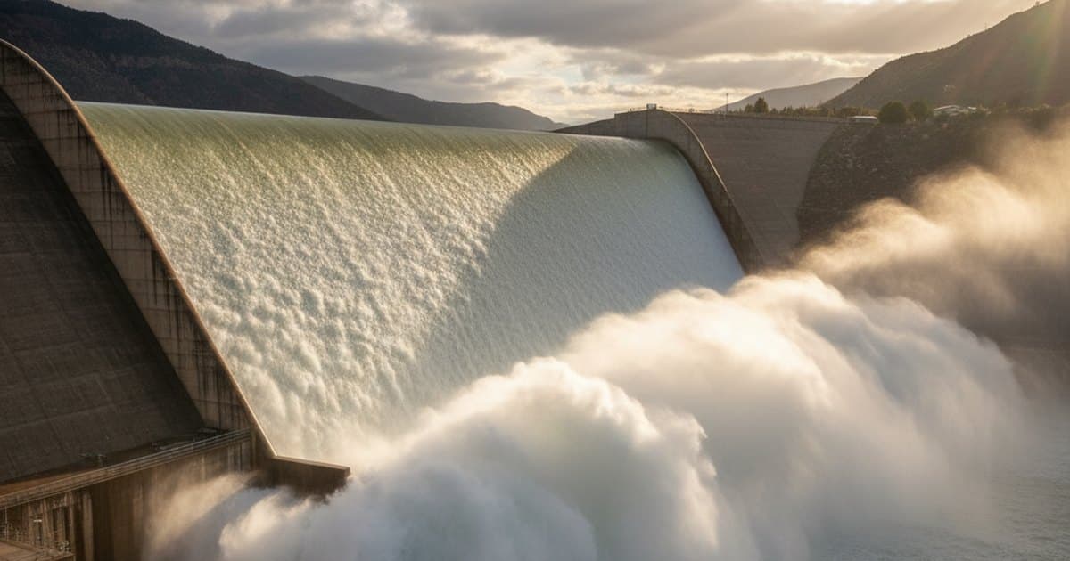 Vertedero de rebose de un embalse descargando durante una crecida, con el agua cayendo por la rápida