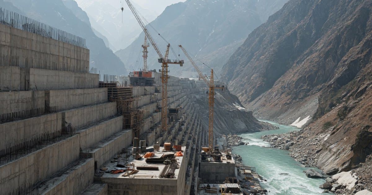 Presa de hormigón en construcción en un cañón himalayo con grúas detenidas y enfierradura expuesta junto a un río turquesa