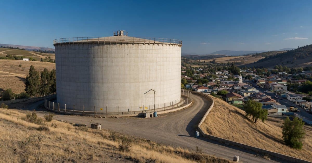 Estanque cilíndrico de hormigón para agua potable sobre un cerro que domina una localidad