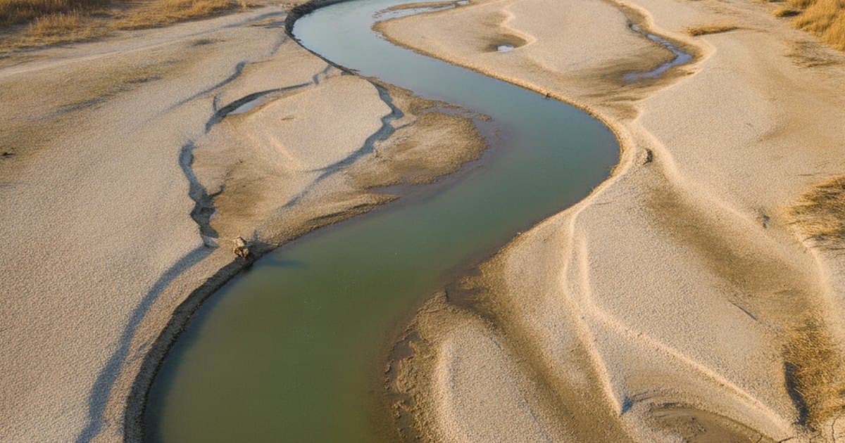 Cauce de río ancho con el caudal muy reducido, dejando expuestas amplias barras de arena y grava
