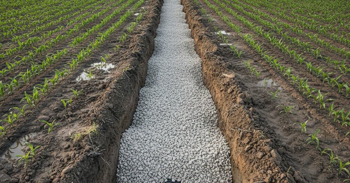 Zanja abierta en un campo agrícola mostrando una tubería de drenaje corrugada envuelta en grava