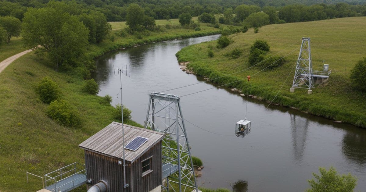 Caseta de estación fluviométrica junto a un río, con el sensor de nivel y el panel solar sobre el cauce