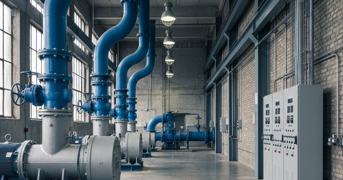 Interior de una estación de bombeo con bombas centrífugas, tuberías de impulsión y tablero eléctrico