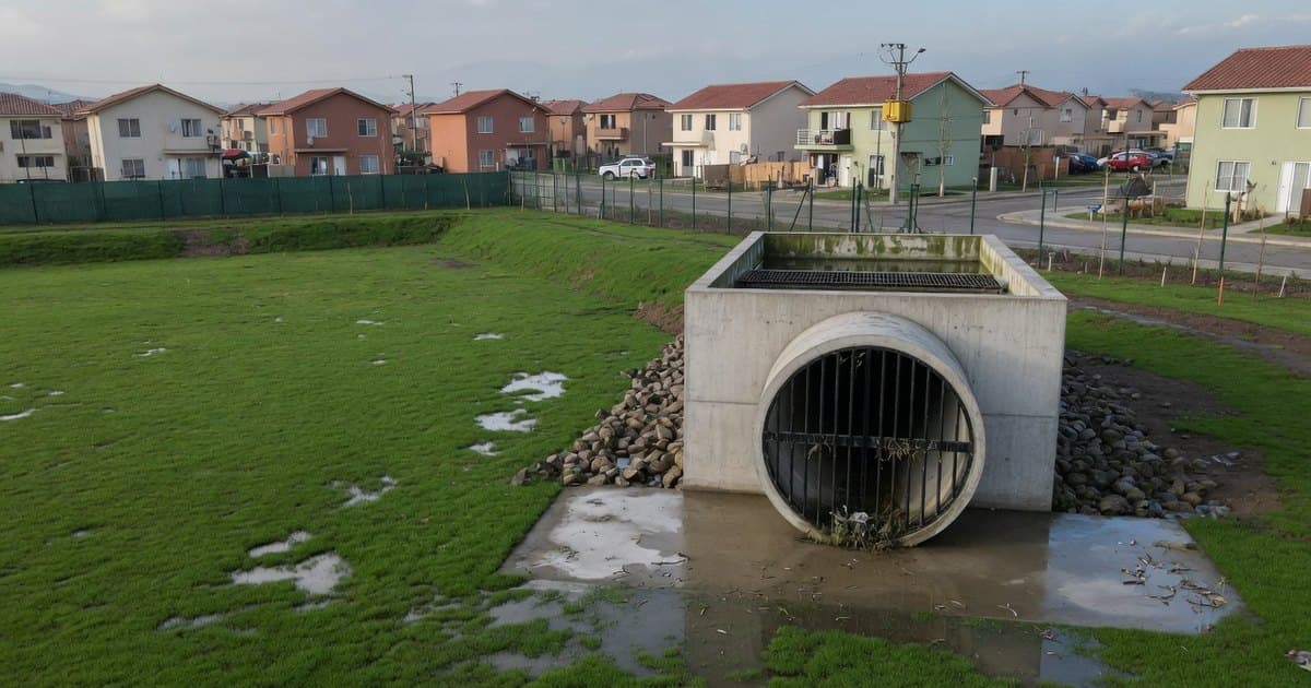 Laguna de detención de aguas lluvias con pasto en un barrio residencial nuevo, con estructura de descarga de hormigón