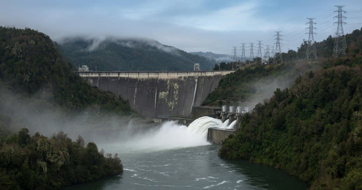 Central hidroeléctrica en un valle boscoso del sur de Chile descargando agua por su obra de salida, con torres de alta tensión en la ladera