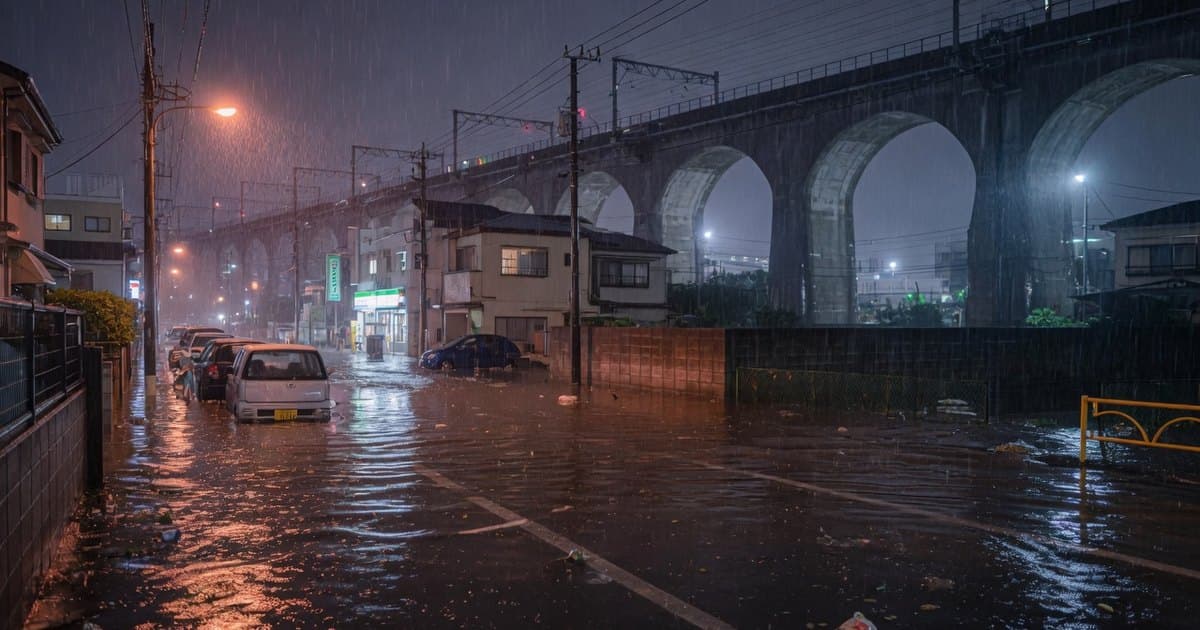 Calle suburbana japonesa inundada de noche bajo lluvia intensa, con el agua a la altura de las puertas de los autos y reflejos del alumbrado público
