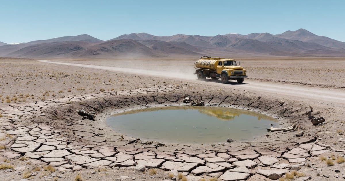 Tierra agrietada alrededor de un bebedero de ganado casi vacío en el altiplano boliviano, con un camión cisterna en un camino de tierra y montañas sin nieve al fondo