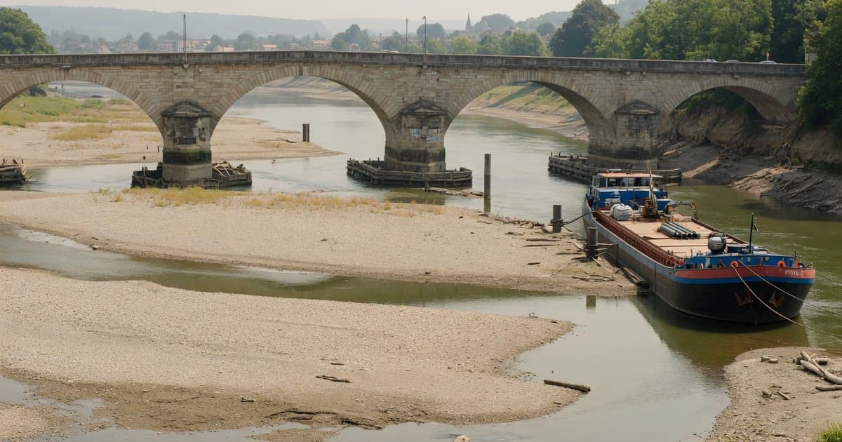 Río europeo muy bajo con extensos bancos de grava expuestos, una barcaza amarrada y un puente histórico de piedra con las fundaciones de sus pilas a la vista