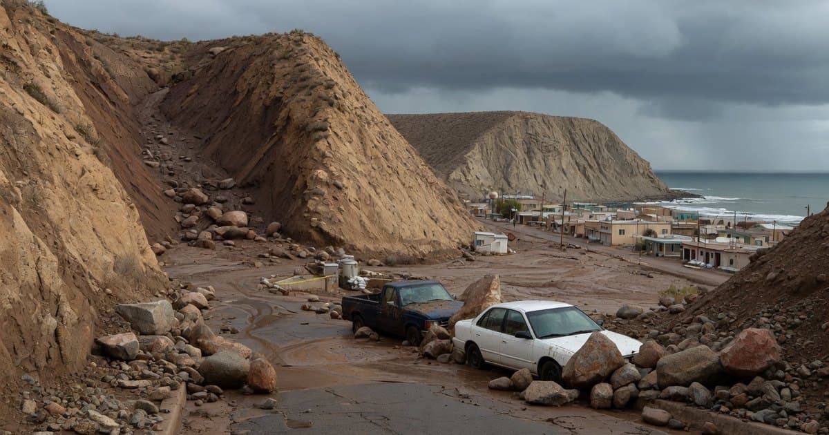 Quebrada desértica empinada que desemboca en un pequeño pueblo costero, con barro fresco cubriendo una calle y nubes grises de tormenta sobre el Pacífico