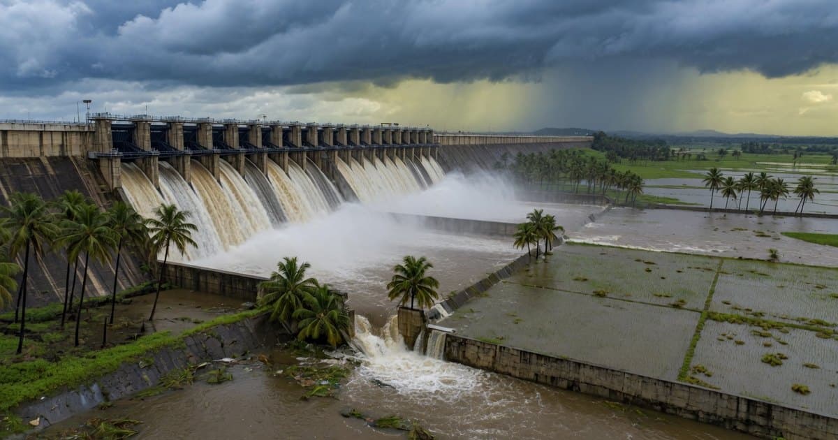 Vertedero de una presa con las compuertas abiertas descargando sobre una llanura inundada con arrozales bajo el agua y palmeras, bajo nubes monzónicas
