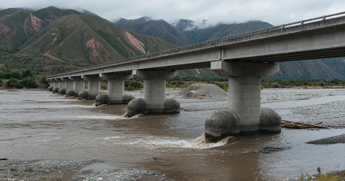 Puente carretero de hormigón con pilas en un río crecido, con el agua levantándose aguas arriba de las pilas