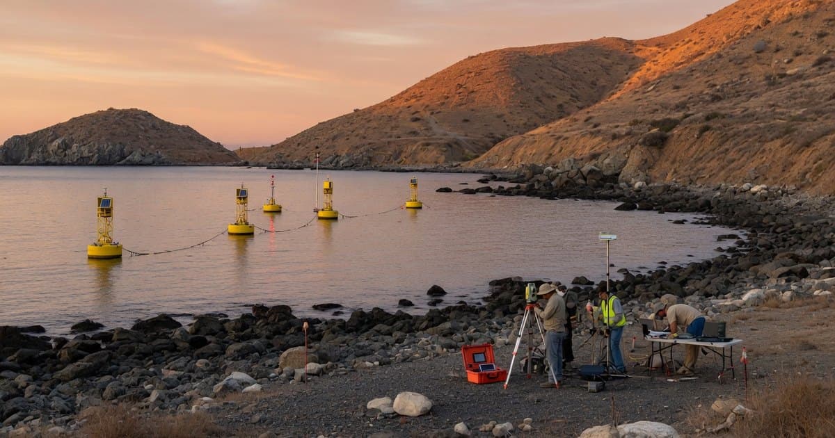 Bahía rocosa en una costa semiárida con boyas de medición flotando frente a la orilla y un equipo técnico con instrumentos en la playa al atardecer