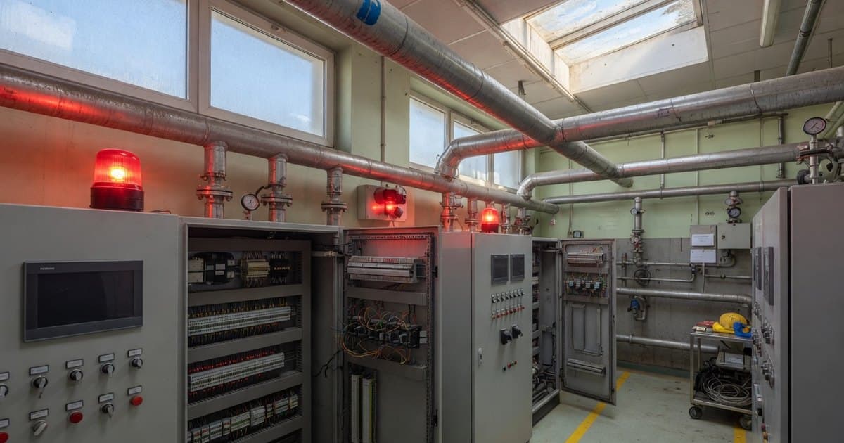 Sala de control de una planta de tratamiento de agua con tableros eléctricos, controladores industriales y tuberías de acero inoxidable iluminadas por luces rojas de alarma