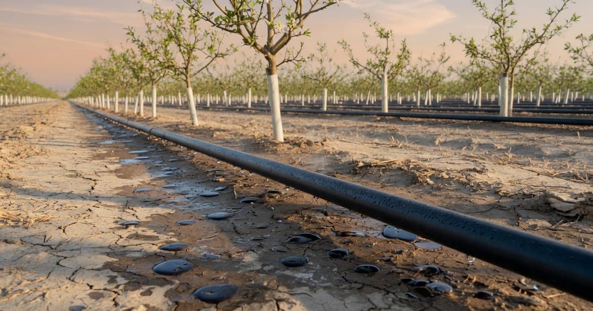 Línea de goteo de polietileno negro con goteros emitiendo agua junto a plantas jóvenes en un campo agrícola