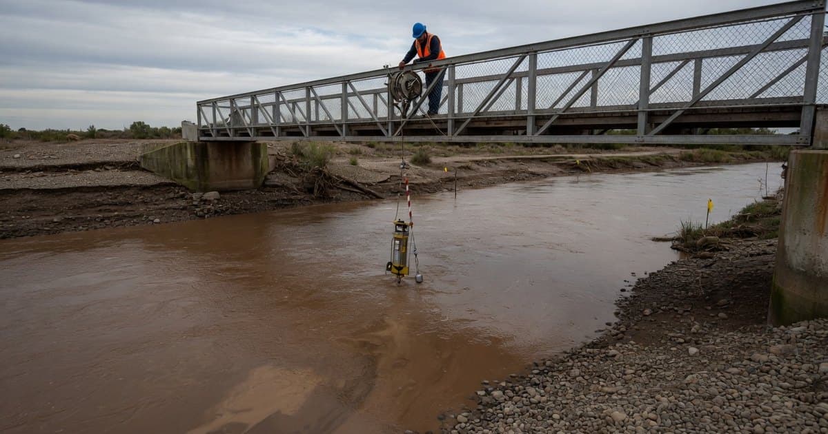 Río turbio de color café con sedimento en suspensión y un técnico tomando una muestra desde un puente