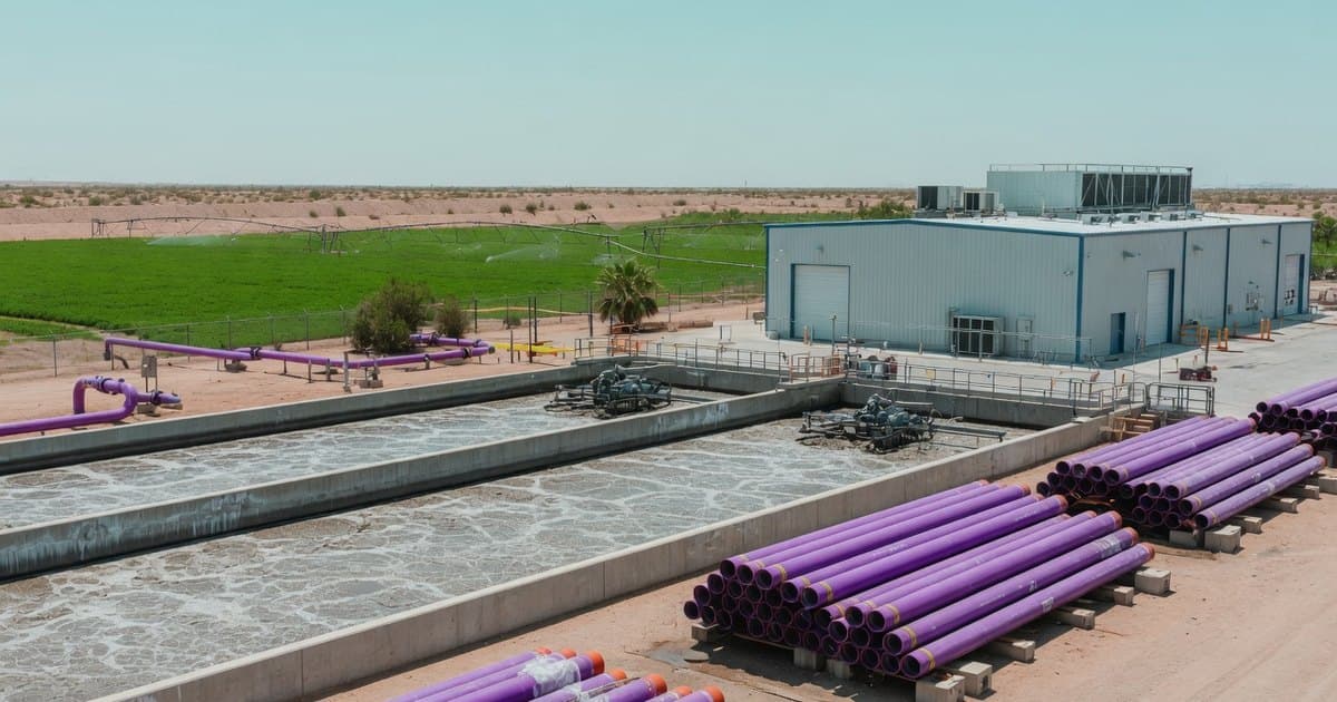 Piscinas rectangulares de aireación y un nuevo edificio de biorreactor de membrana en una pequeña planta de tratamiento en el desierto, con tuberías moradas de agua regenerada