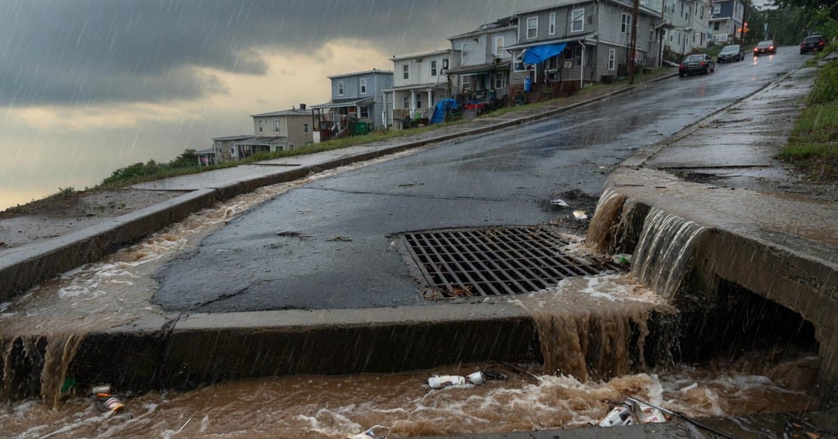 Calle urbana en pendiente durante una lluvia intensa, con escorrentía que entra a un sumidero y a un canal de drenaje