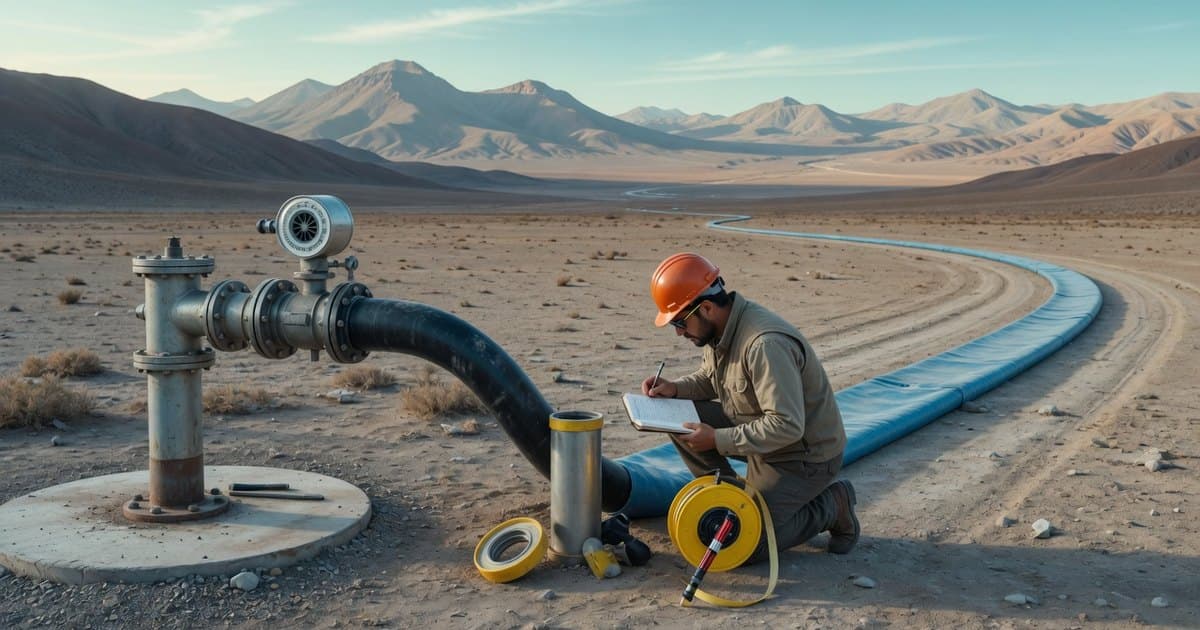 Ensayo de bombeo en un valle árido: pozo con medidor de caudal, manguera de descarga lejos del pozo y medición del nivel con sonda eléctrica