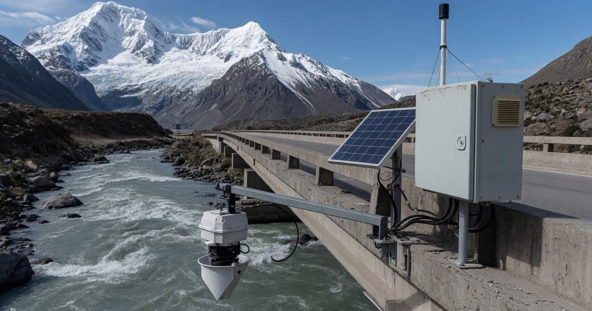Estación hidrométrica automática en un puente: sensor radar de nivel, panel solar y gabinete con registrador de datos
