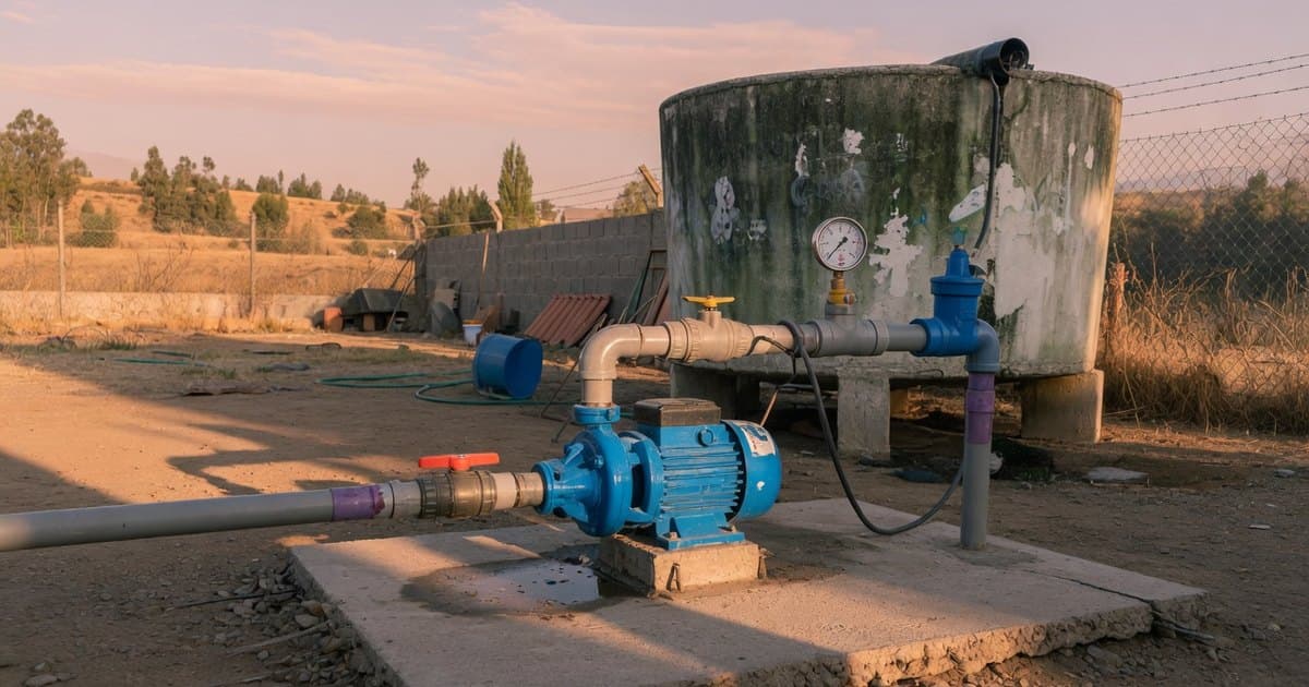 Bomba centrífuga de superficie conectada a cañerías junto a un estanque de agua en un patio rural