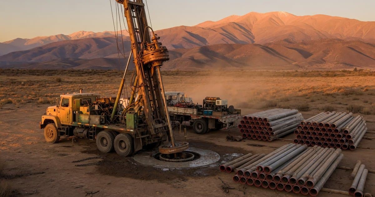 Máquina perforadora de pozos trabajando en un predio rural seco de la zona central de Chile, con tubos de entubación apilados
