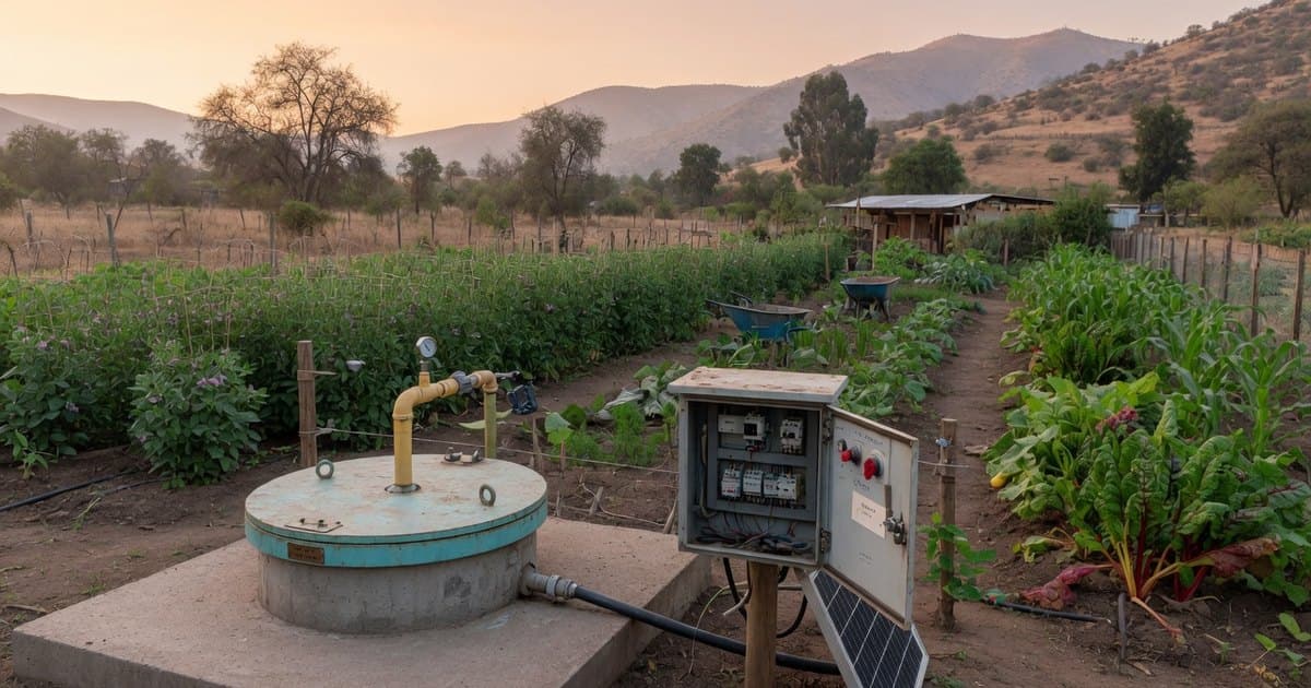 Pozo de agua con tapa metálica y tablero eléctrico junto a un huerto en un predio rural chileno