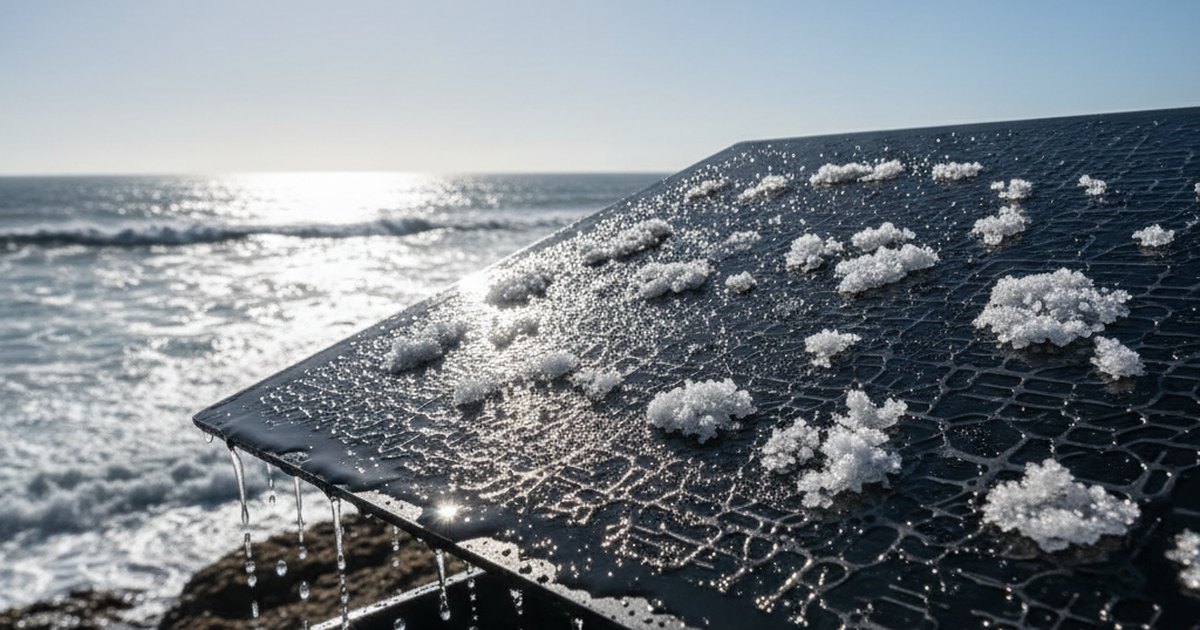 Panel de metal negro desalinizando agua de mar bajo el sol junto a la costa